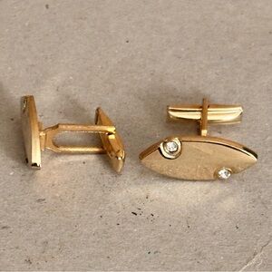 Goldtone Diamond Leaf Shaped Faux White Stones Cufflinks